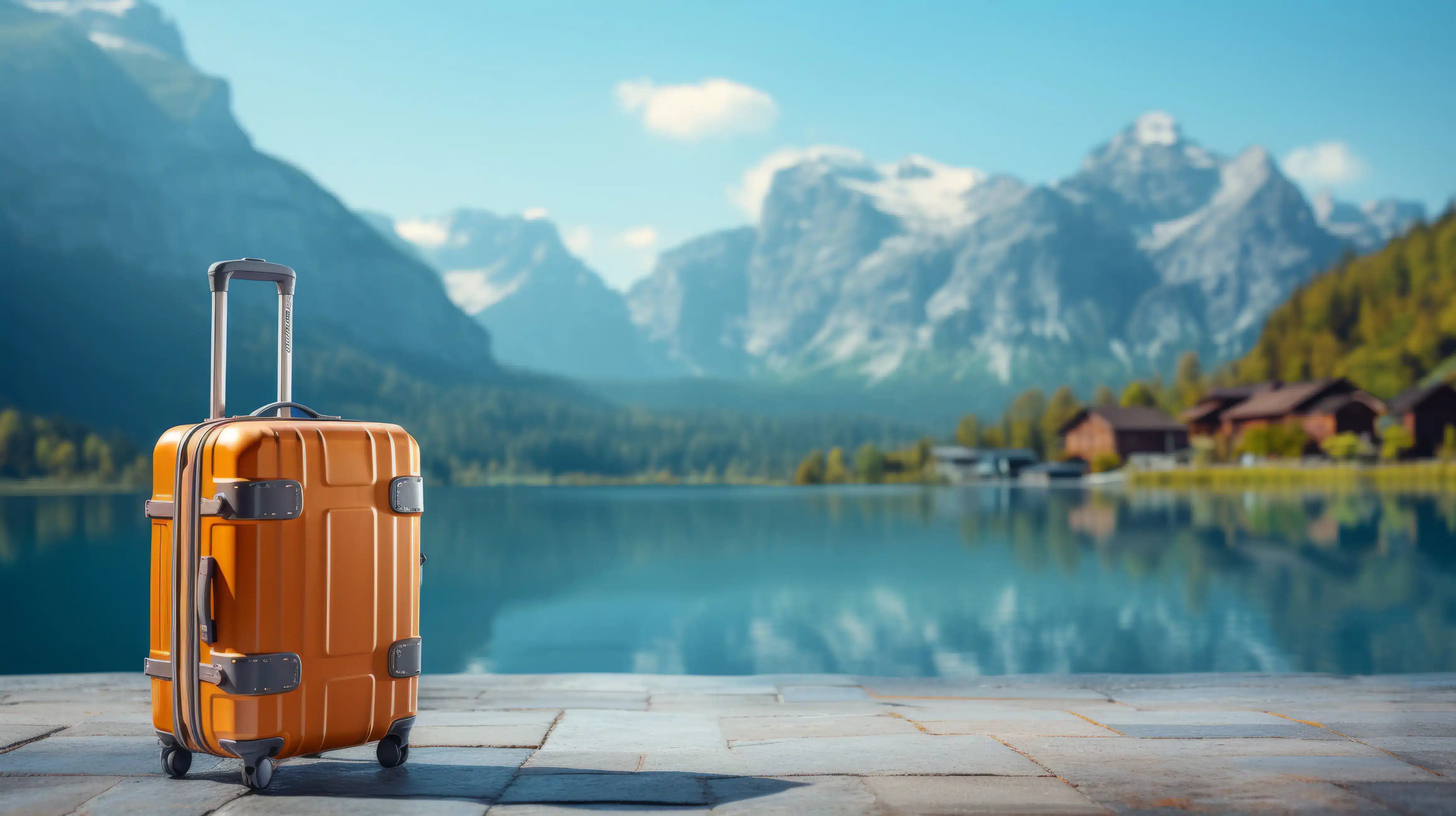valise en premier plan avec un arrière plan flou qui montre un paysage idyllique pour voyager à condition d'avoir souscris à une assurance voyage
