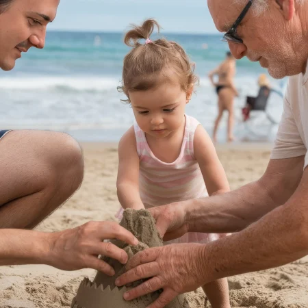 famille qui réalise un chateau de sable