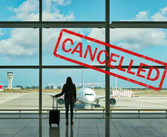 Une passagère d'un vol, qui regarde le tarmac d'un aéroport. Une mention en rouge "cancelled" qui annonce que son voyage est annulé, elle a prit une assurance voyage avec RGF et donc sera remboursé.