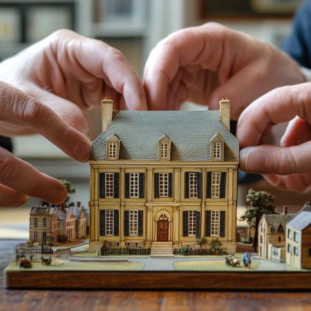 Une opportunité immobilière, avec une maison en carton et des mains qui fabriquent la maison